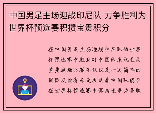 中国男足主场迎战印尼队 力争胜利为世界杯预选赛积攒宝贵积分