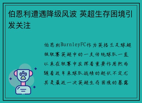 伯恩利遭遇降级风波 英超生存困境引发关注
